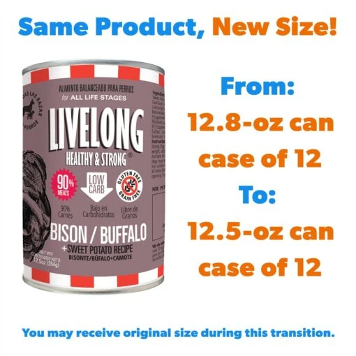 Livelong Healthy & Strong Bison/Buffalo & Sweet Potato Recipe Wet Dog Food, 12.8-oz Can, Case Of 12 -Dog Supplies 235068 PT1. AC SS1800 V1589915462