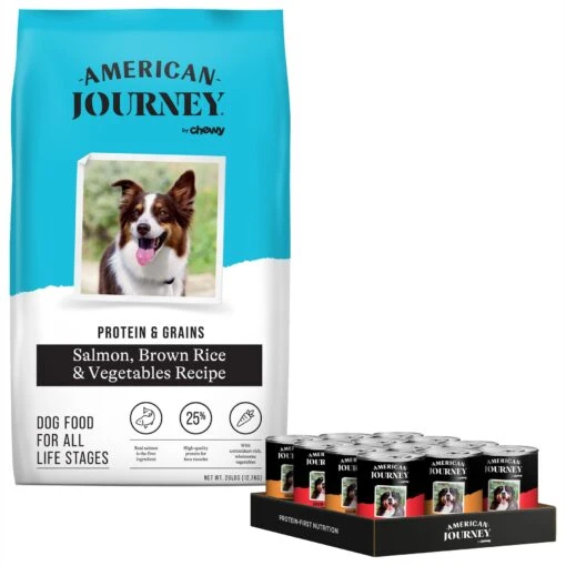 American Journey Protein & Grains Formula Salmon, Brown Rice & Vegetables Recipe Dry Dog Food & American Journey Stews Poultry & Beef Variety Pack Grain-Free Canned Dog Food, 12.5-oz Can -Dog Supplies 292584 MAIN. AC SS1800 V1694611531