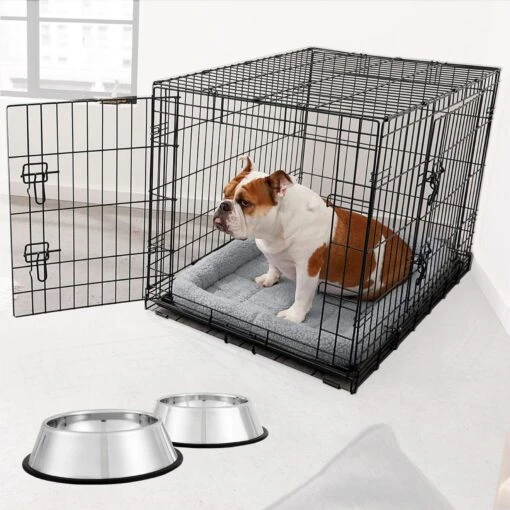 Frisco Fold & Carry Double Door Collapsible Wire Dog Crate & Mat Kit & Frisco Stainless Steel Bowl -Dog Supplies 303428 MAIN. AC SS1800 V1657656797