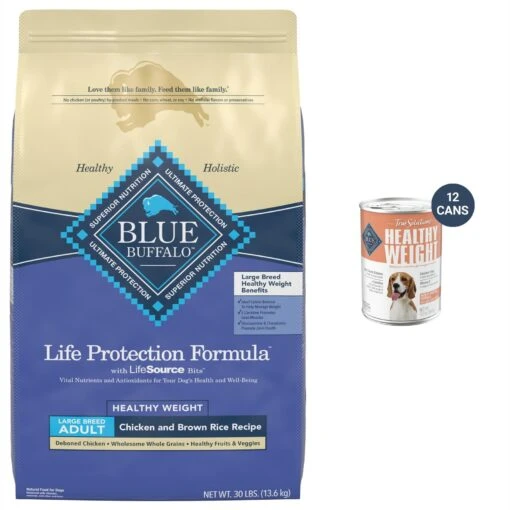 Blue Buffalo Life Protection Formula Large Breed Healthy Weight Adult Chicken & Brown Rice Recipe Dry Dog Food & Blue Buffalo True Solutions Healthy Weight Natural Weight Control Chicken Adult Wet Dog Food -Dog Supplies 367526 MAIN. AC SS1800 V1677098025