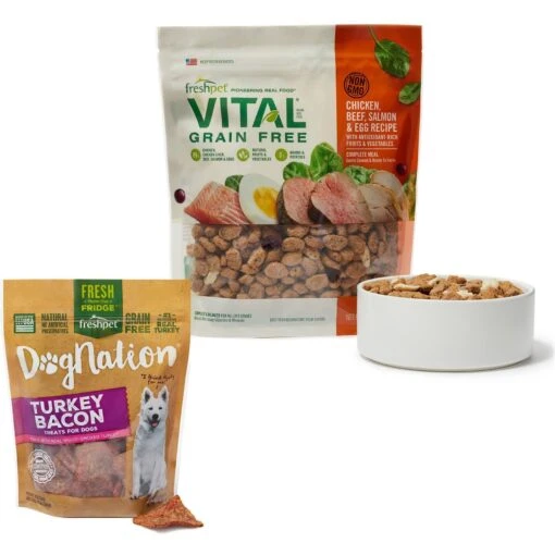 Freshpet Vital Chicken, Beef, Salmon & Egg Recipe Grain-Free Fresh Dog Food & Freshpet Dognation Turkey Bacon Grain-Free Fresh Dog Treats, 3-oz Bag, Case Of 6 -Dog Supplies 693190 MAIN. AC SS1800 V1668620331