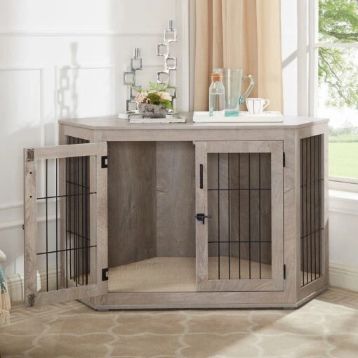 Unipaws Furniture Corner Dog Crate With Cushion, Weathered Grey -Dog Supplies 811550 MAIN. AC SS1800 V1682541491