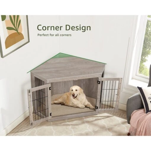 Unipaws Furniture Corner Dog Crate With Cushion, Weathered Grey -Dog Supplies 811550 PT1. AC SS1800 V1682542077